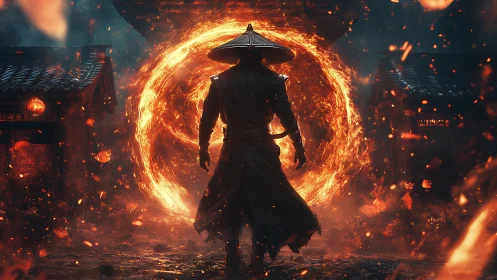 Fire-ringed warrior steps into a glowing portal of fate.