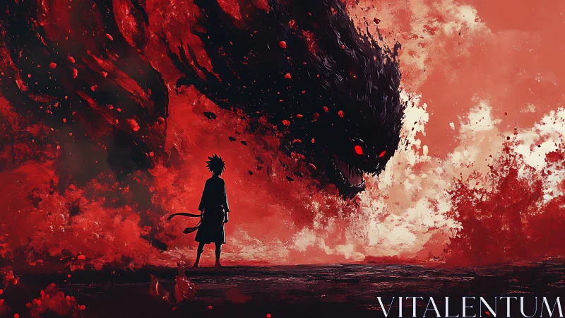 Lone warrior confronts colossal red-eyed shadow beast.