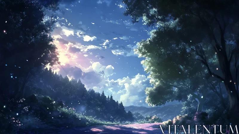 Twilight forest corridor under volumetric clouds and pollen glow.