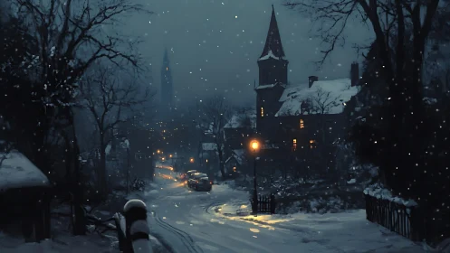 Snowy village street curves under warm lamplight at dusk
