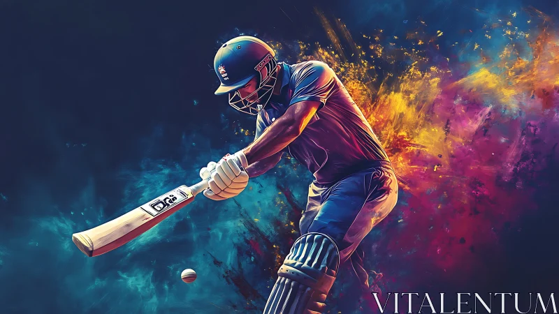 Digital painting of dynamic cricket batsman in explosive motion.