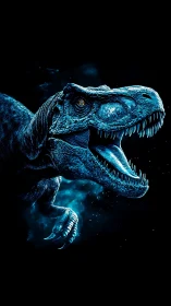 Blue-lit tyrannosaurus profile against dark void background.