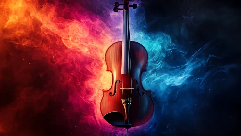 Violin between fire and ice in vivid digital abstraction.