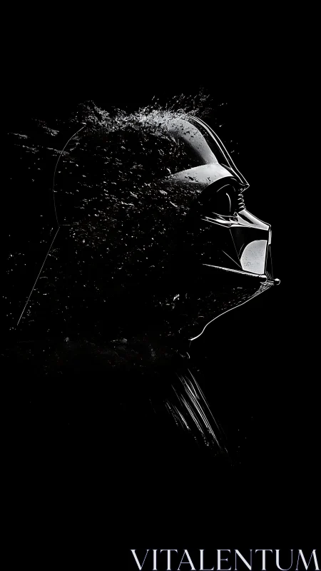 Disintegrating dark helmet profile in high-contrast digital space.