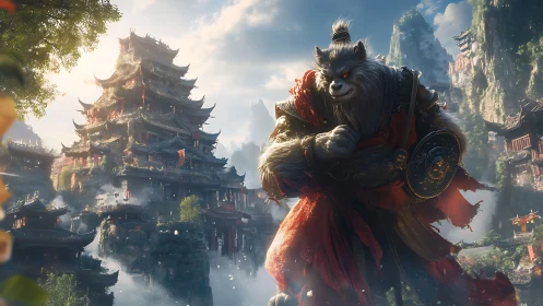 Anthropomorphic warrior figure before tiered temple complex.