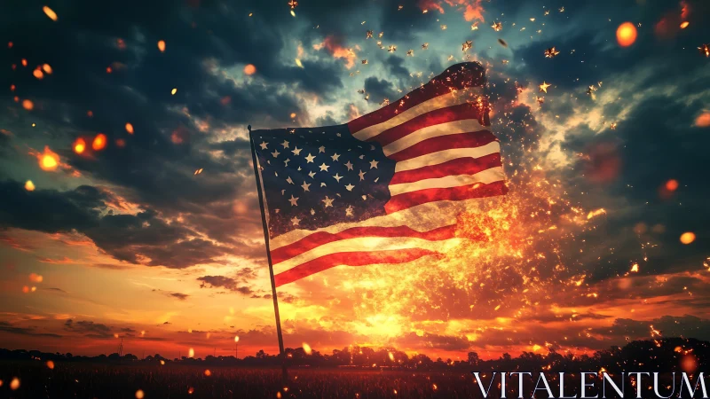 Blazing American flag ignites the sky in sunset embers.