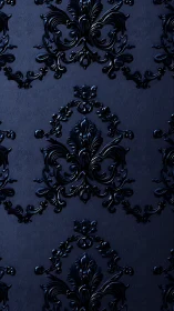 Nocturne damask arabesques in glossy midnight inked relief.