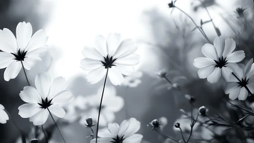 White Cosmos Flowers Bloom in Soft, Monochromatic Light