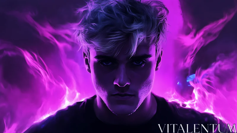 Brooding cyber mage framed by swirling violet flames.