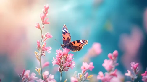Butterfly rests on pink flower spikes in shallow depth field
