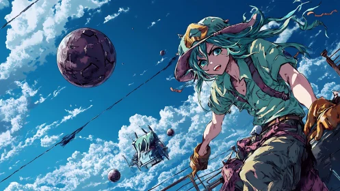 Person on aerial platform under spherical objects in sky.