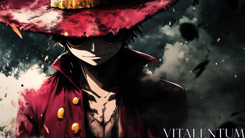 Mysterious red-coated wanderer in smoky, stormy shadows.