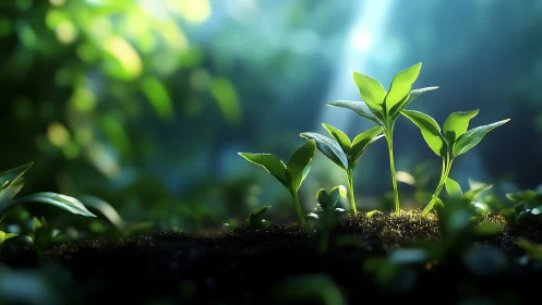 Young green seedlings emerge from moist soil under soft light