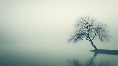 Bare tree on misty shoreline reflected in still water.