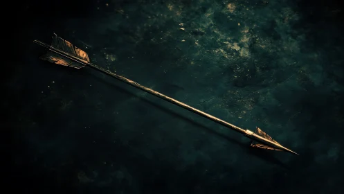 Weathered golden arrow resting in quiet shadowed light.