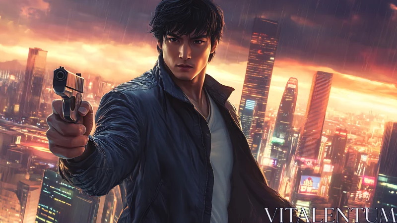 Vigilant gunman dominates neon cityscape under storm light.