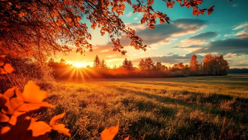 Sunlit autumn meadow with trees at low evening horizon line.