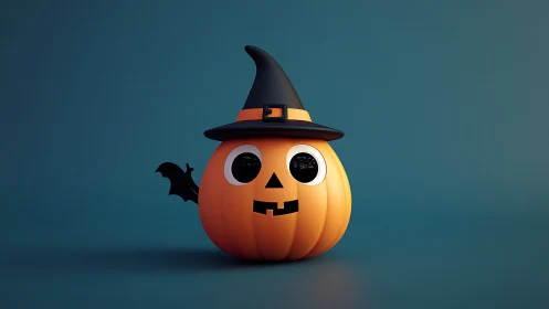 3D jack o lantern with witch hat on plain teal background.