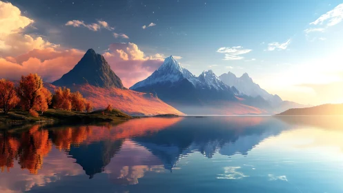 Mountain lake reflects autumn trees and snowlit sunrise