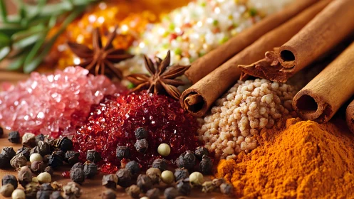 Macro study of crystalline salts, peppercorns and whole spices.