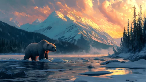 Golden sunset welcomes a calm bear in a snowy mountain river