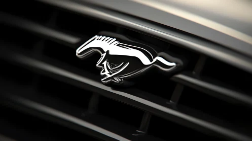 Chrome pony emblem on sleek black automotive grille closeup.
