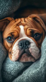 Cozy bulldog puppy rests under soft knitted blankets peacefully.