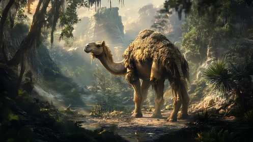 Camel stands in lush canyon landscape with dramatic lighting