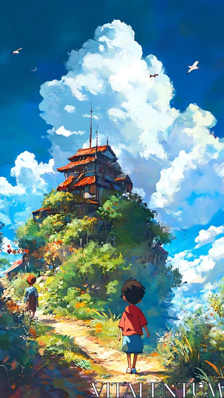 Children approach terraced hill shrine under cumulonimbus sky