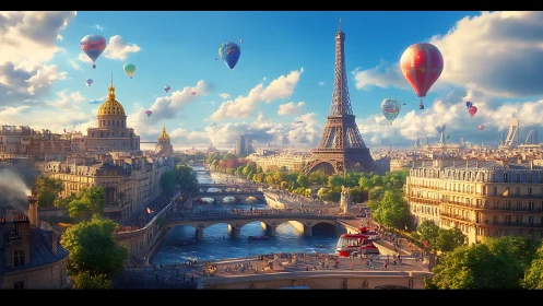Sunlit Paris skyline welcomes hot air balloons at golden hour