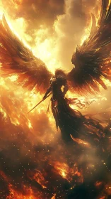 Blazing seraph warrior ascends through a storm of sacred fire.