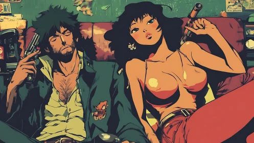 Relaxed gun-wielding couple reclines on worn leather sofa