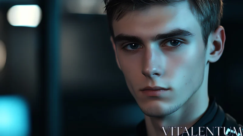 Neon gaze of a young cyber-sentry in cool blue light.