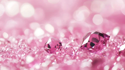 Macro photographic study of faceted pink gemstones on bokeh field
