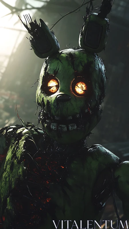 Decayed green animatronic rabbit stares forward in ruins