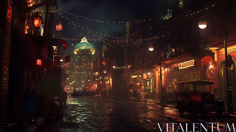 Cinematic rainy street scene with vintage nightlife lighting.