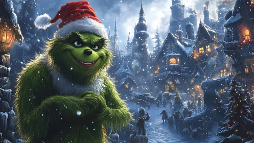 Green furry character in Santa hat before snowy village.