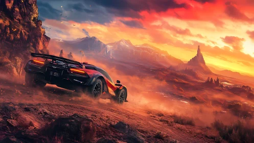 Sports car on dusty mountain track under vivid sunset sky.