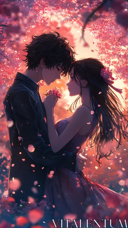 Lovers embrace tenderly beneath glowing cherry blossoms