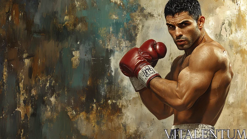Boxer in Red Gloves Against Textured Wall Background