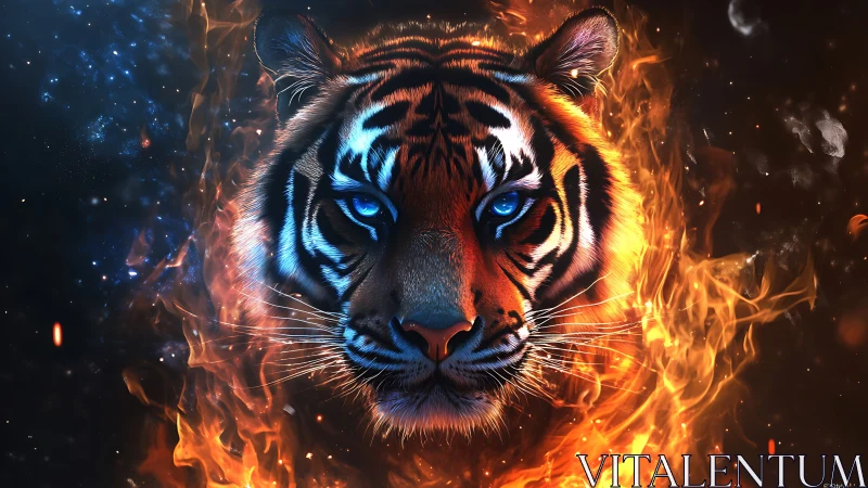 Fiery blue-eyed tiger head framed by flames and cosmos.
