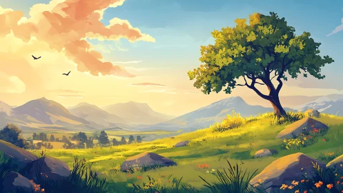 Tree on sunlit hillside overlooks layered distant mountains