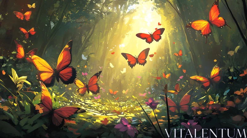 Sunlit forest glade filled with vivid orange butterflies.