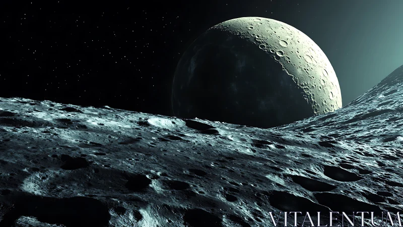 Lunar surface with cratered crescent moon in deep space.