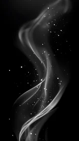 Monochrome particle stream twisting through dark negative space.