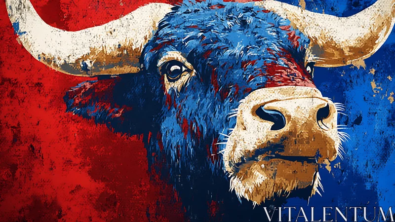 Blue bull portrait splits bold red and blue field.