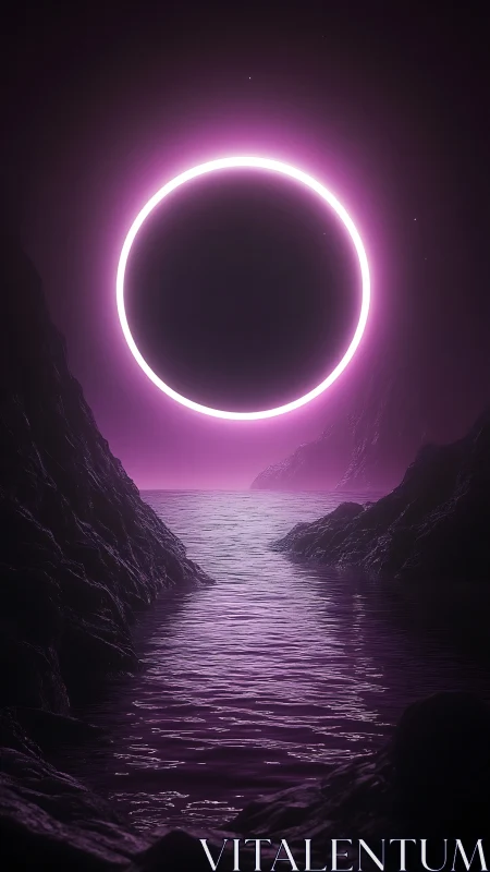 Luminous circular eclipse over narrow rocky inlet at dusk.