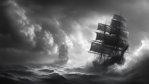 Monochrome stormfront with twin square-riggers in dynamic roll.