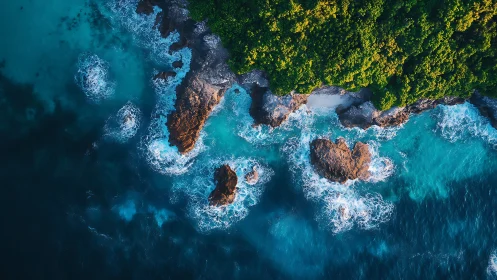 Aerial Coastal Dynamics: Rocky Shoreline with Turbulent Wave Systems.
