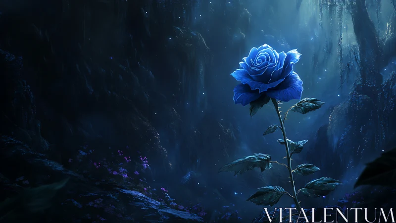 Luminous bioluminescent blue rose rendered in atmospheric forest
